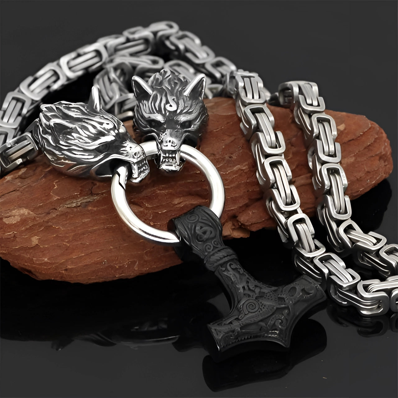 Silver Viking Wolf Head and Black Mjolnir Pendant on a 90 cm Silver Chain, designed for Men, featuring intricate Norse patterns in metal finish.