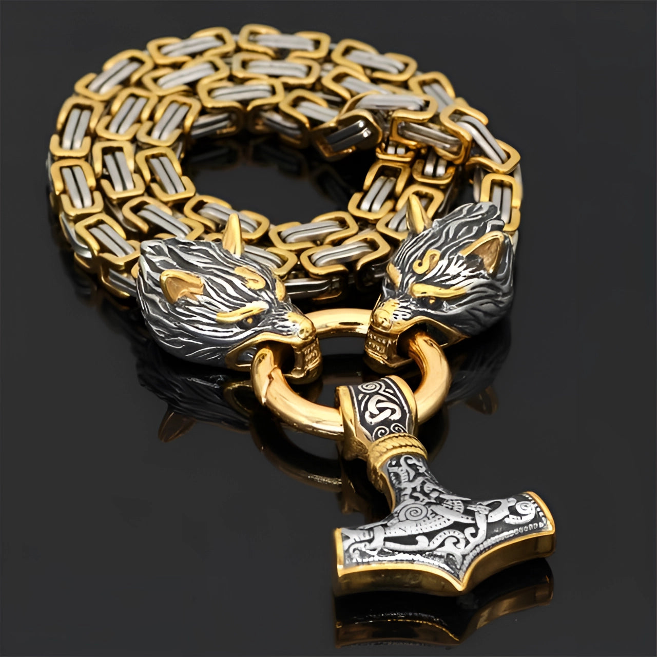 Silver and gold Viking wolf head and Mjolnir pendant on a 90 cm chain, designed as men's Norse jewelry.