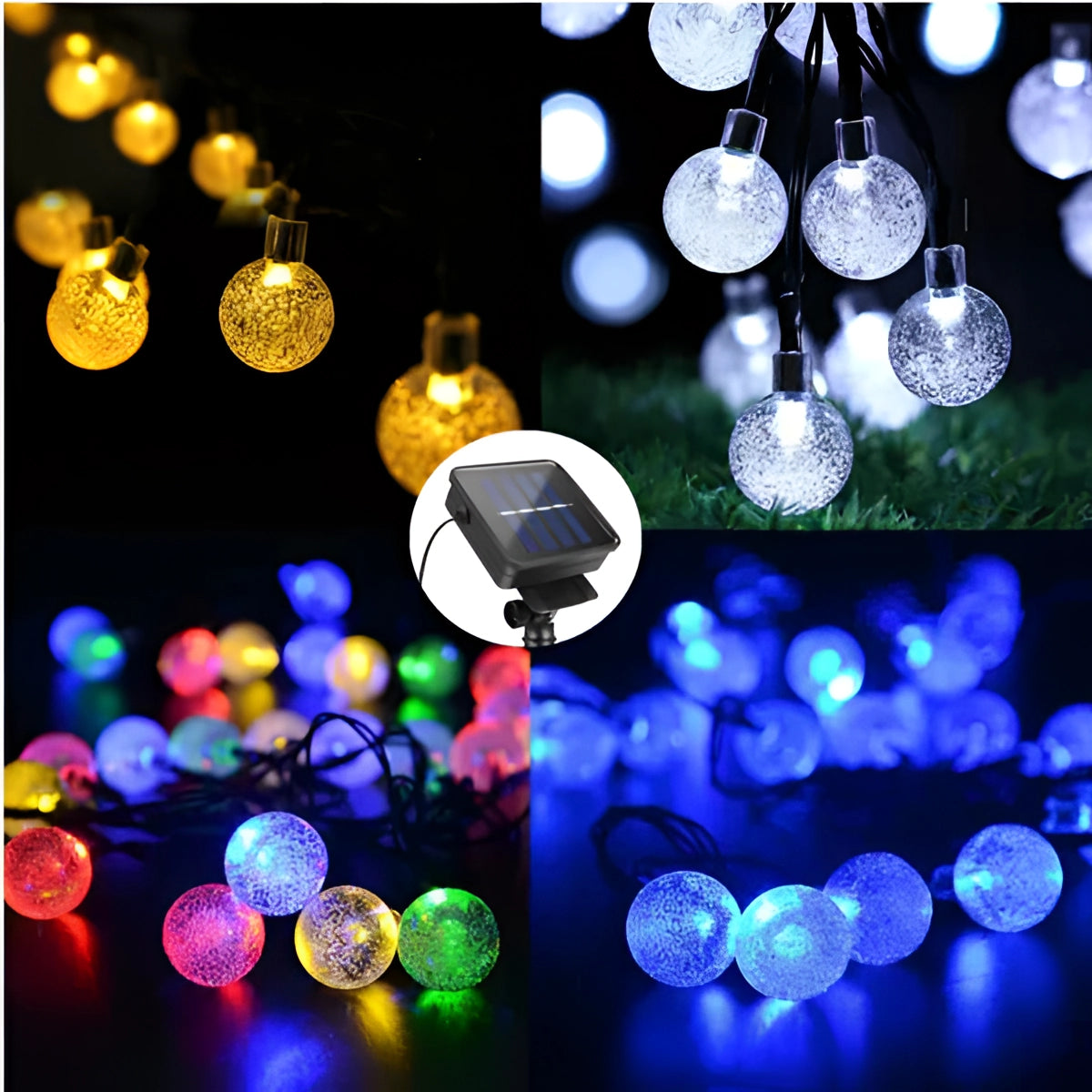 Solar crackled glass globe lights illuminating a garden setting, showcasing waterproof LED string lights with a decorative crackled design, casting electric blue visual effects at night.