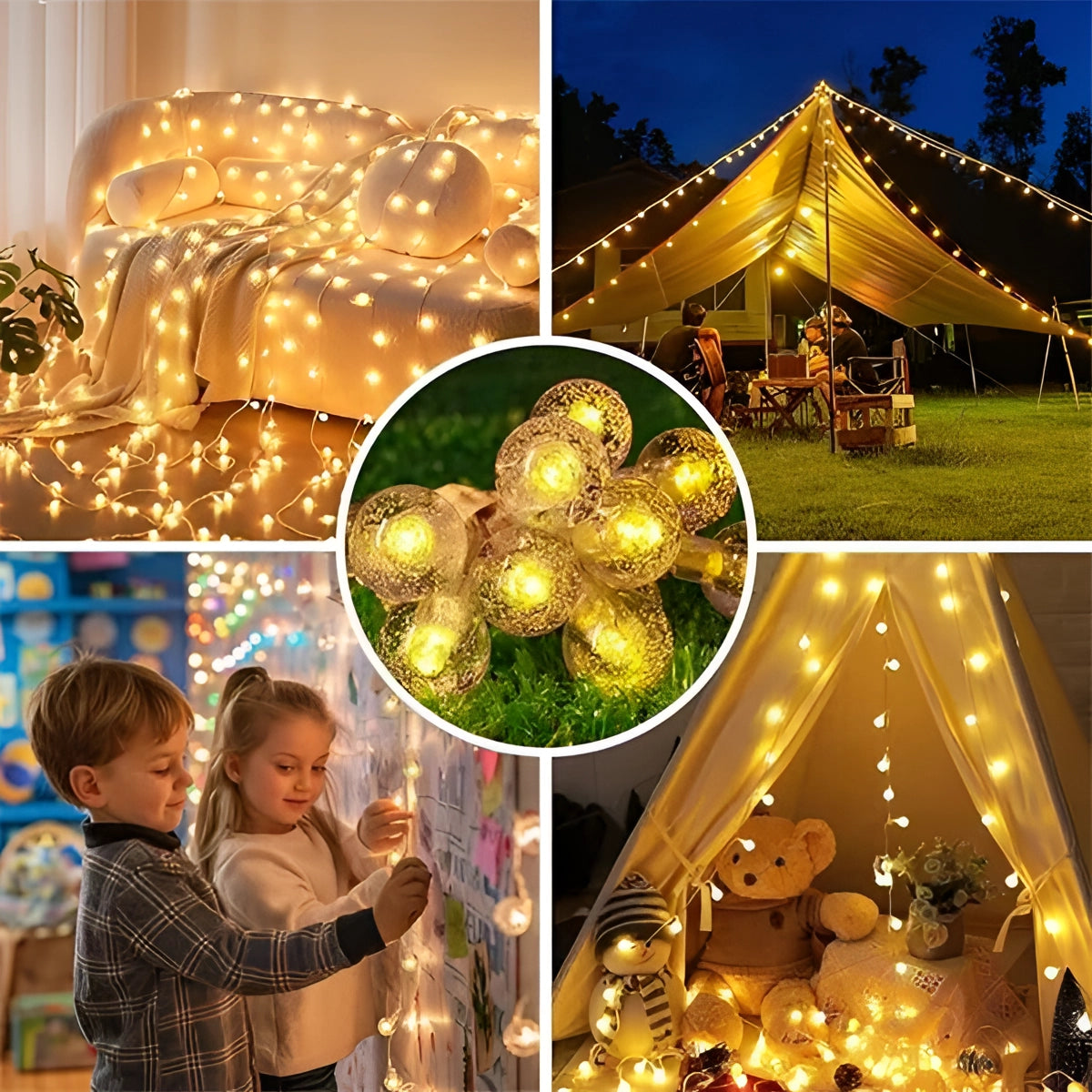 Solar crackled glass globe lights hanging in a lush garden setting, illuminating the night with a warm glow, surrounded by plants and trees, creating a festive and inviting outdoor atmosphere.
