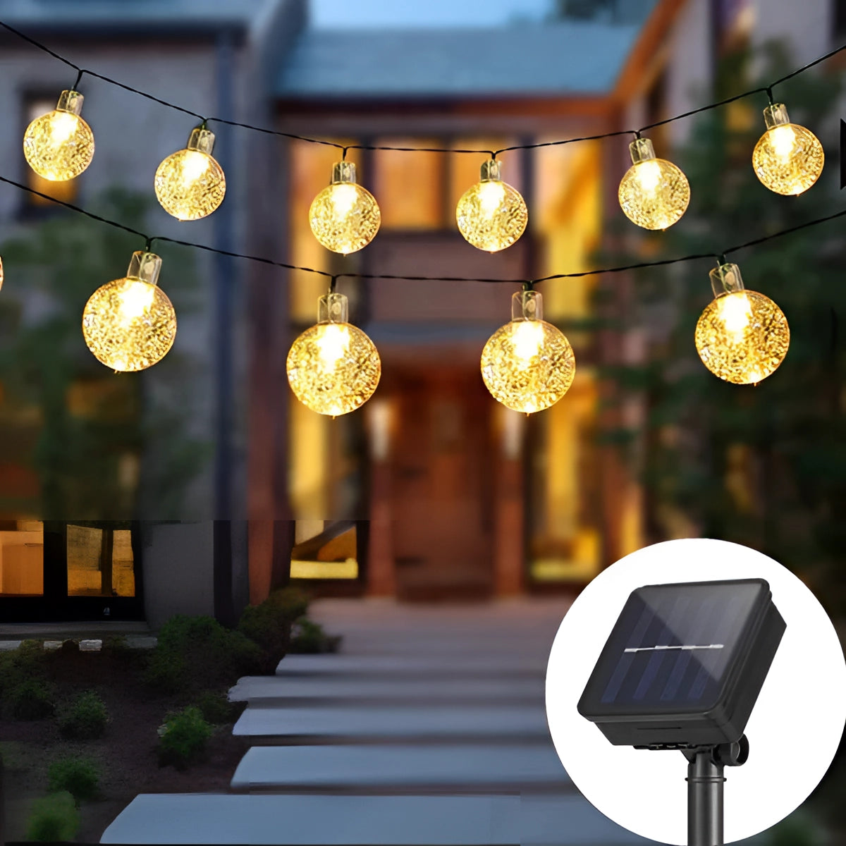 Colorful RGB solar crackled glass globe lights on a 75FT cord with 200 LED lights, displayed outdoors at night against a backdrop of plants and building, showcasing their vibrant hues and waterproof design.