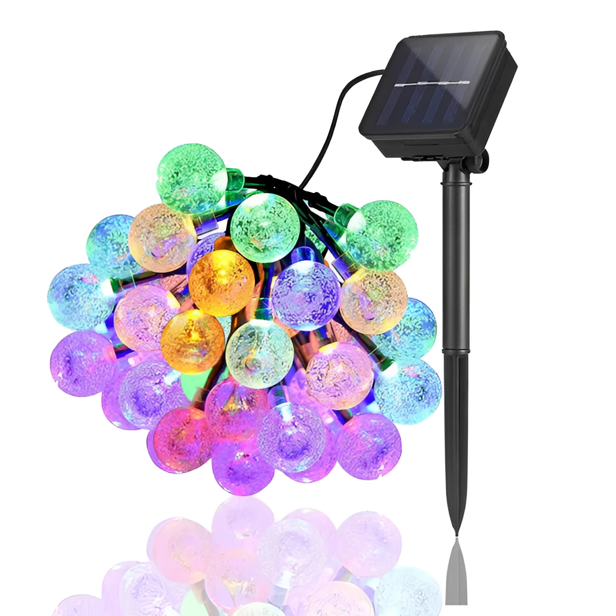 Solar crackled glass globe lights featuring an array of glowing LED spheres in varying colors, designed for outdoor use, set against a dark background to highlight their vibrant illumination and waterproof design.