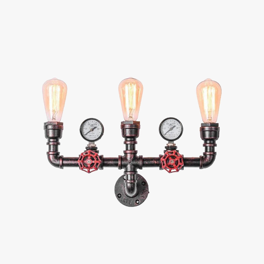 Steampunk Industrial Pipe Wall Lamp with Edison Bulb & Gauge Decor featuring a 3-light design, showcasing its vintage-style exposed pipe construction, Edison bulbs, and decorative gauge, ideal for adding a unique industrial touch to interior spaces.