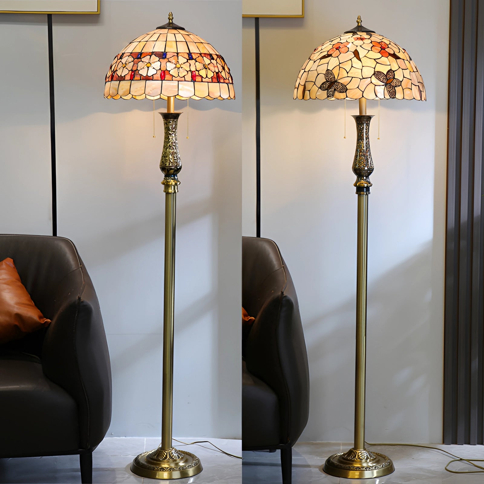 Tiffany-style dragonfly stained glass floor lamp with a brass pole featuring vibrant colors and intricate glasswork, illuminating a warm yellow light, positioned on a wooden floor in an interior setting.