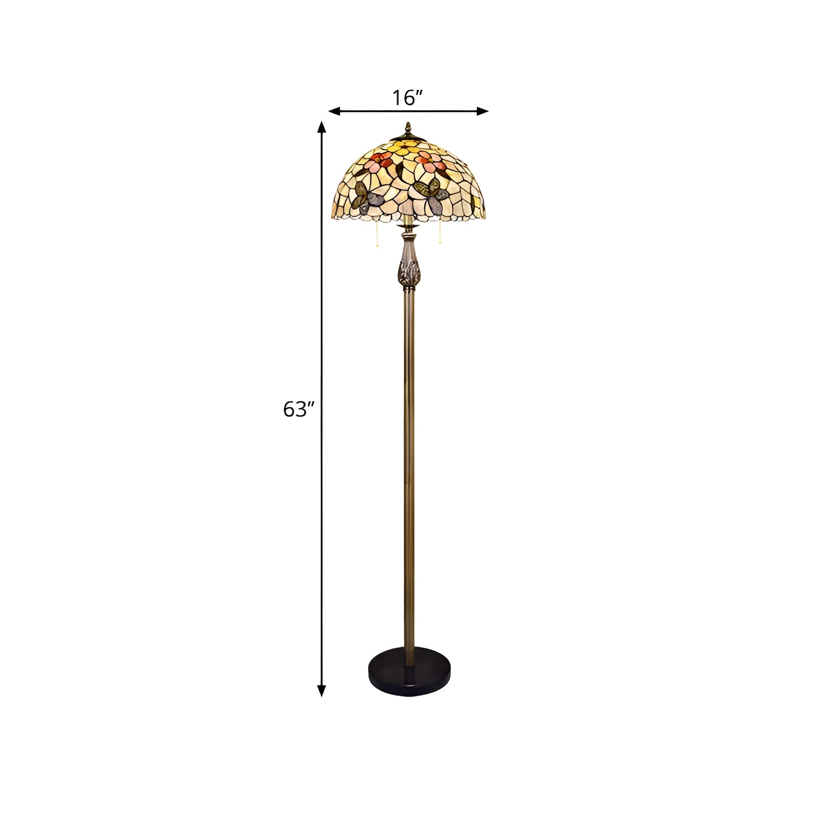 Tiffany-style floor lamp with a dragonfly stained glass shade and a brass pole, featuring intricate colorful designs and dragonfly motifs.