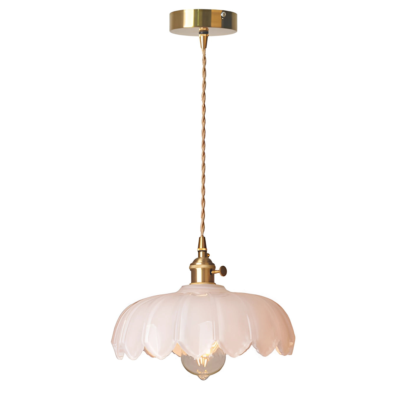 Vintage amber glass pendant light with a brass flower petal design, featuring a white variant. The chandelier is equipped with a light bulb and is mounted as a ceiling fixture, showcasing elegant craftsmanship.