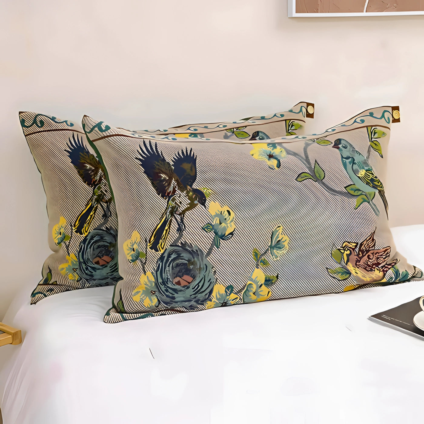 Vintage Bird Print Floral Pillows - Elegant Botanical Decor