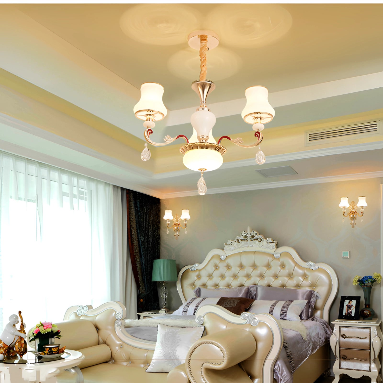 Vintage brass pendant light with an antique winged chandelier design, featuring a 3-light configuration, elegantly hanging in a well-decorated interior living space, complementing the room's furniture and adding a touch of classic charm.