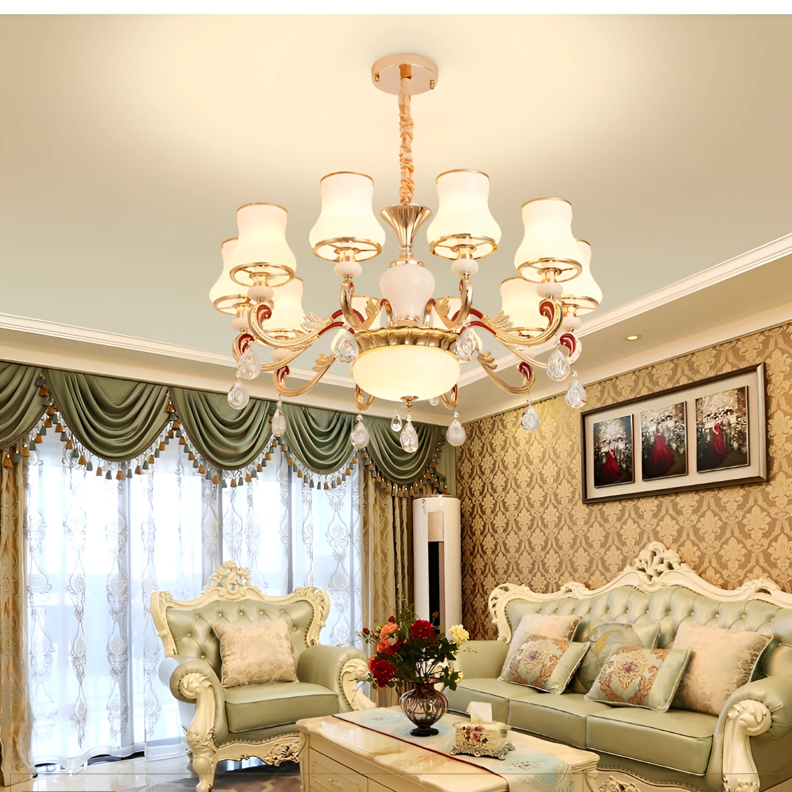 Vintage brass pendant light with an antique winged chandelier design, featuring 10 lights, hanging in an elegantly decorated interior space with wood flooring.