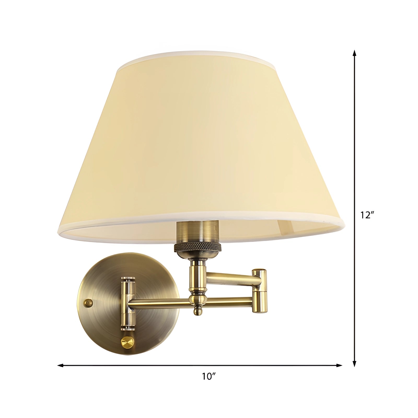 Vintage brass wall sconce with a pleated shade and adjustable arm, mounted on a wooden wall, featuring a metal structure with a warm light. A plant is visible in the background, adding a touch of greenery to the setting.