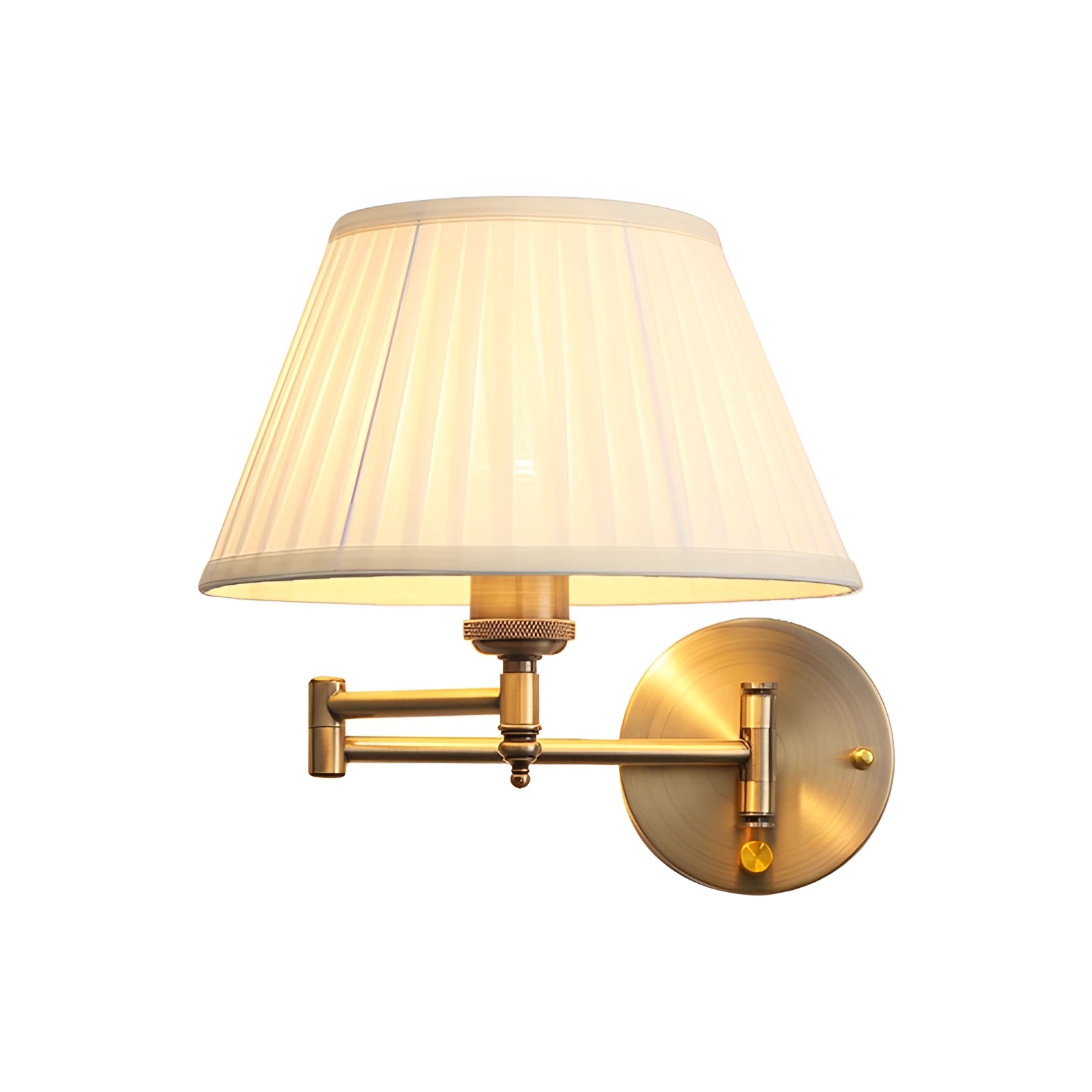 Vintage brass wall sconce with a pleated lampshade and adjustable arm, mounted on a wooden panel, showcasing a classic design suitable for various interior settings.