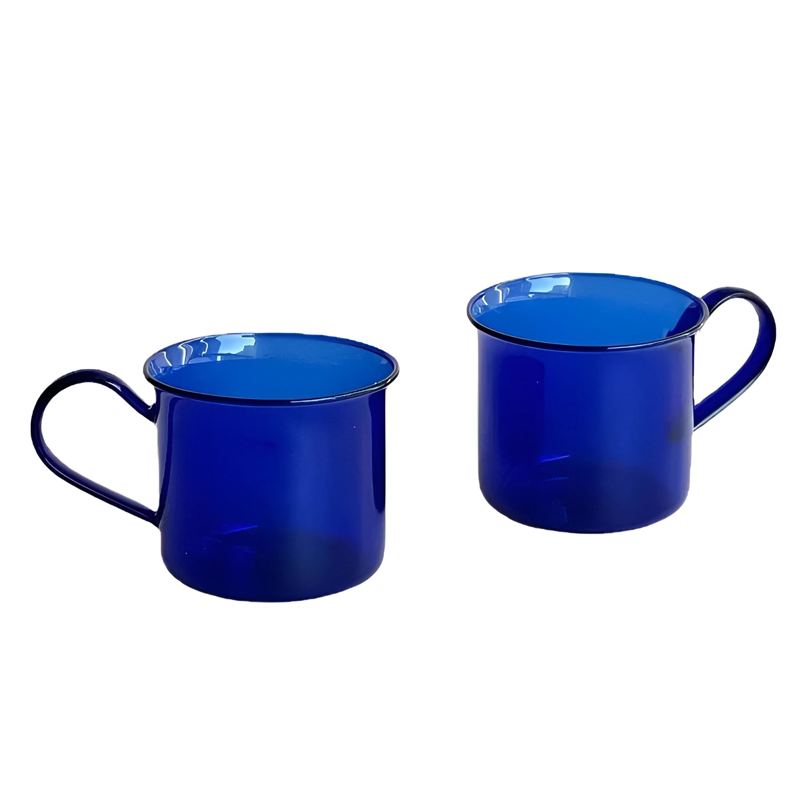 Vintage cobalt blue enamel mug set featuring a durable design, perfect for outdoor use, with a 200ml capacity and a vibrant electric blue finish.