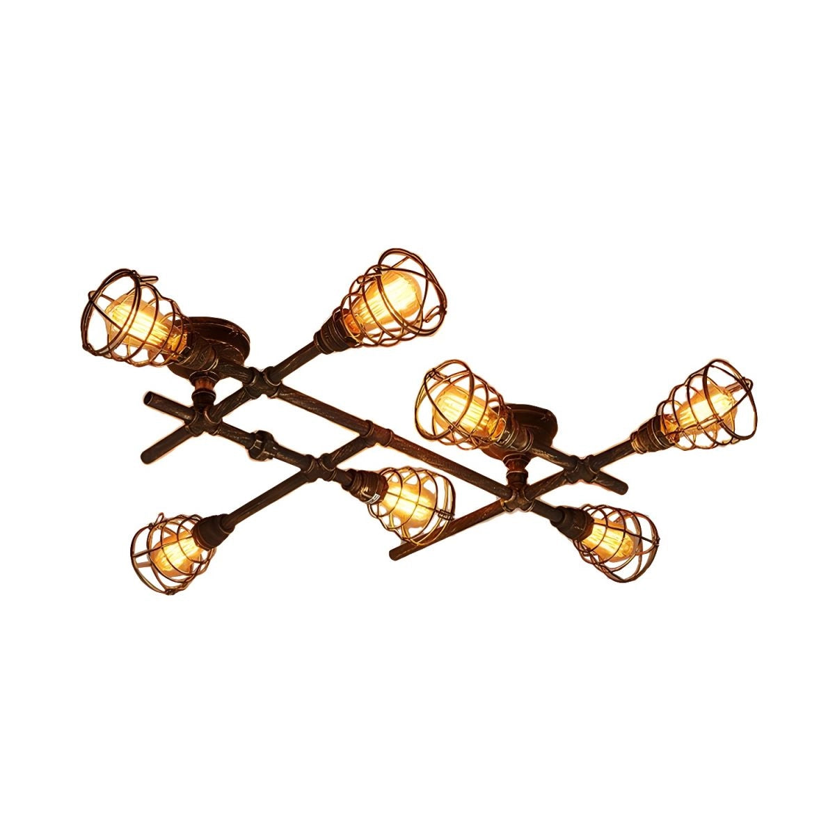 Vintage industrial ceiling light with adjustable track heads in rustic bronze, featuring a 7-light design and brass finish.