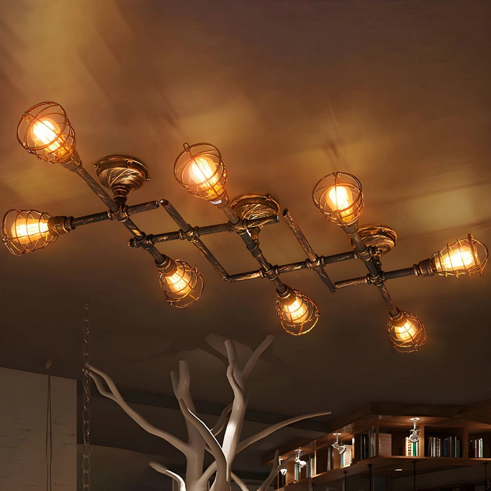 Vintage industrial ceiling light with adjustable track heads in rustic bronze finish, featuring warm amber hues and mounted on a wooden ceiling, enhancing interior design with its unique and functional style.