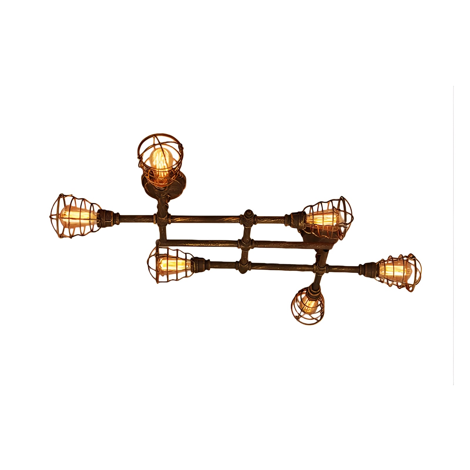 Vintage industrial ceiling light fixture with adjustable track heads, featuring a rustic bronze finish and six brass-colored lights.