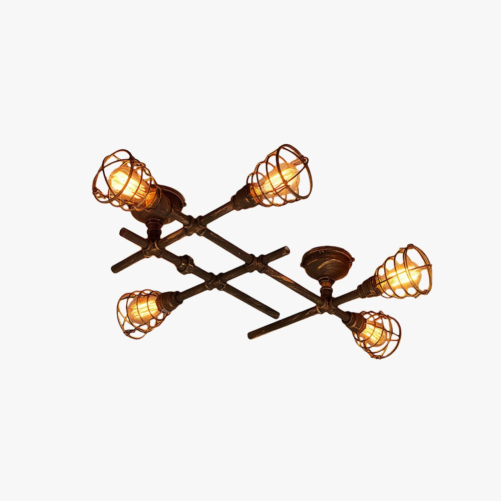 Vintage industrial ceiling light with adjustable track heads, featuring a rustic bronze finish and five lights, shown in a brass variant.