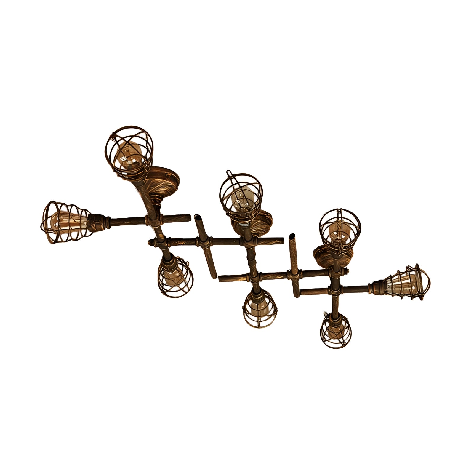 Vintage industrial ceiling light with adjustable track heads, featuring a rustic bronze finish and brass accents, designed with an 8-light configuration that evokes a classic yet modern aesthetic.