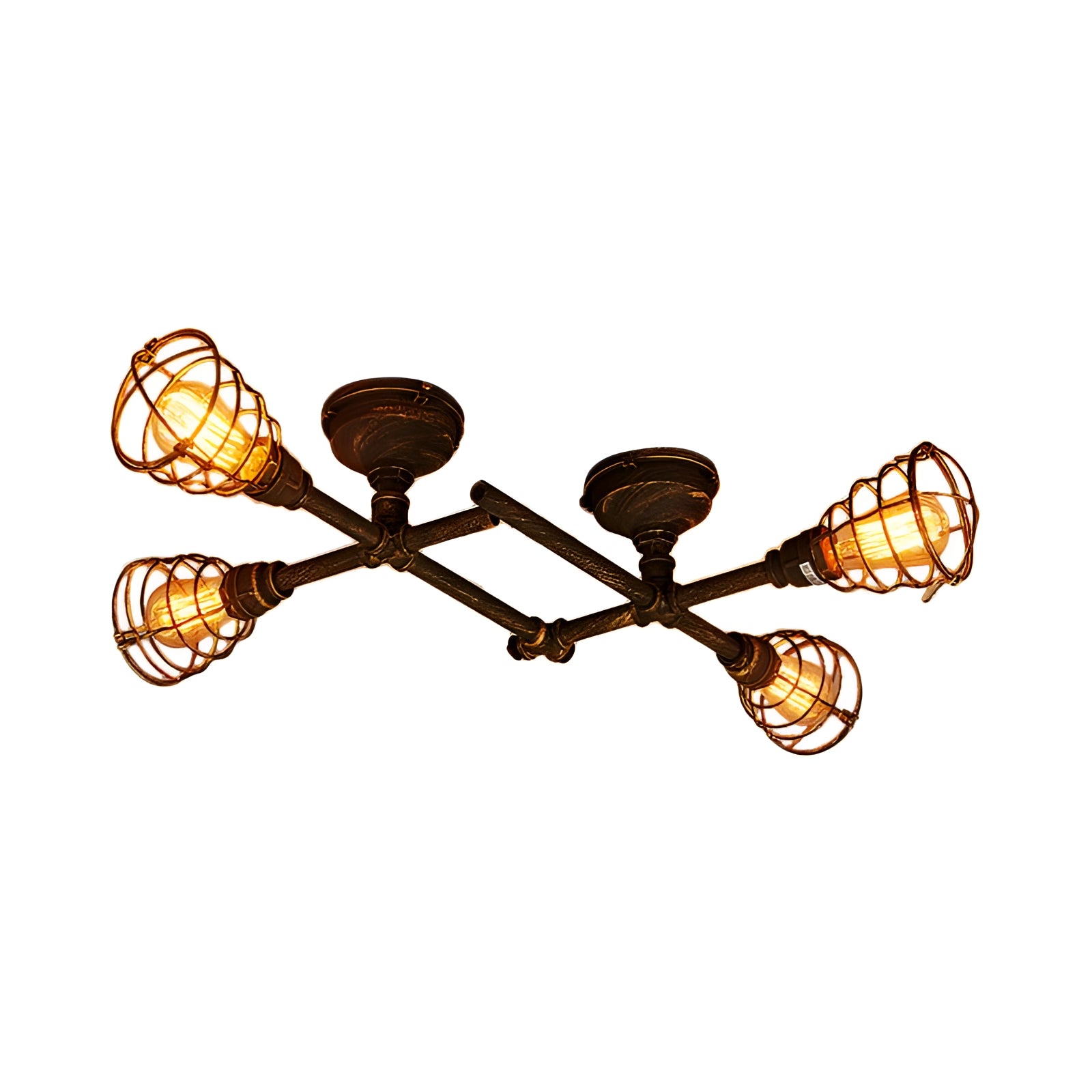 Vintage industrial ceiling light featuring adjustable track heads in a rustic bronze finish, with four brass light fixtures designed for interior spaces.