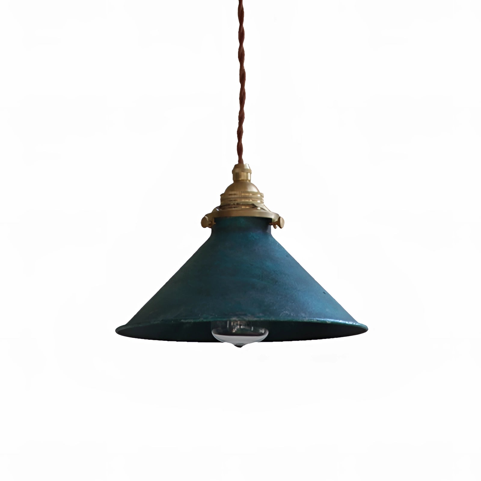 Vintage industrial pendant light with an antique brass and distressed blue finish, featuring a cone-shaped design and ceiling fixture elements.