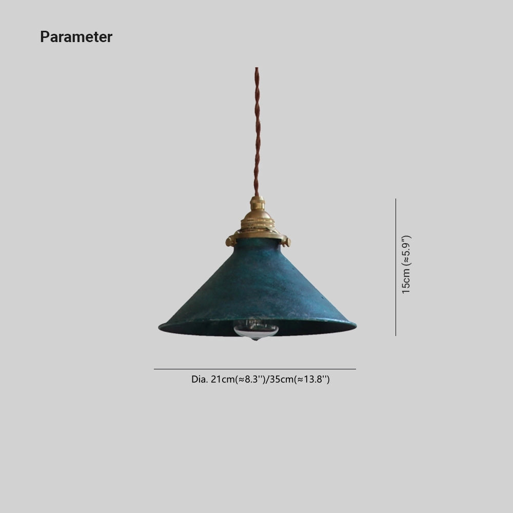 Vintage industrial pendant light featuring an antique brass and distressed blue finish, with a cone-shaped design and artistic accents.