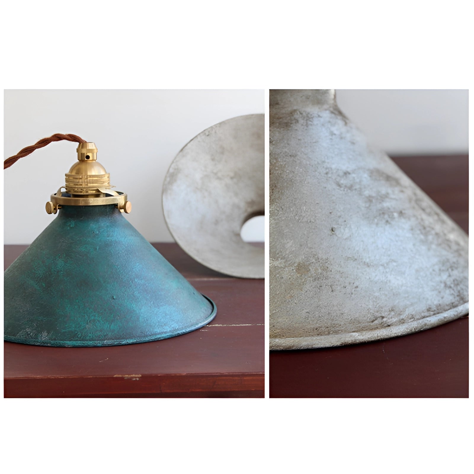 Vintage industrial pendant light featuring an antique brass finish and a distressed blue shade, with a unique design element combining metal and wood materials.