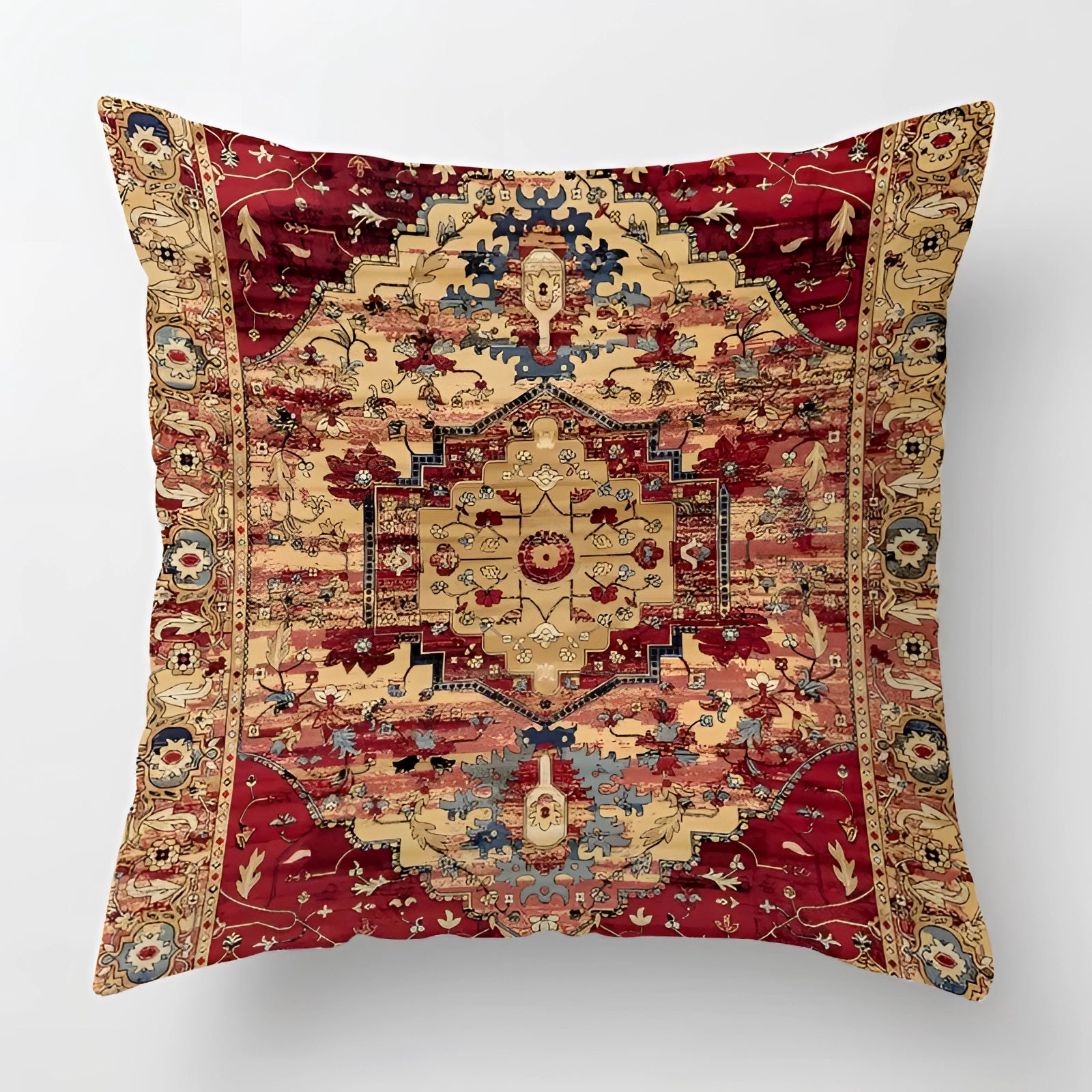 Vintage Persian decorative cushion featuring a red and gold bohemian pattern, square-shaped, measuring 60 x 60 cm.