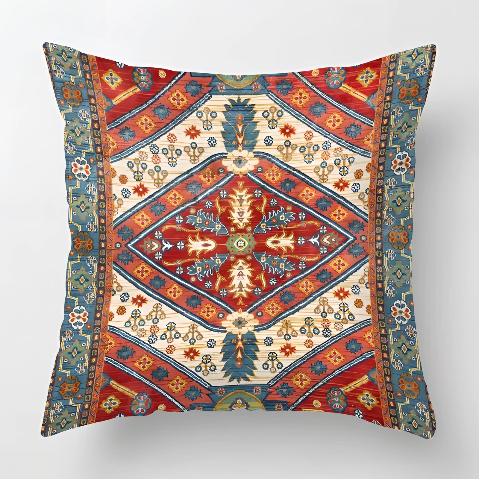 Vintage Persian decorative cushion featuring a vibrant red and gold bohemian pattern, measuring 60 x 60 cm.