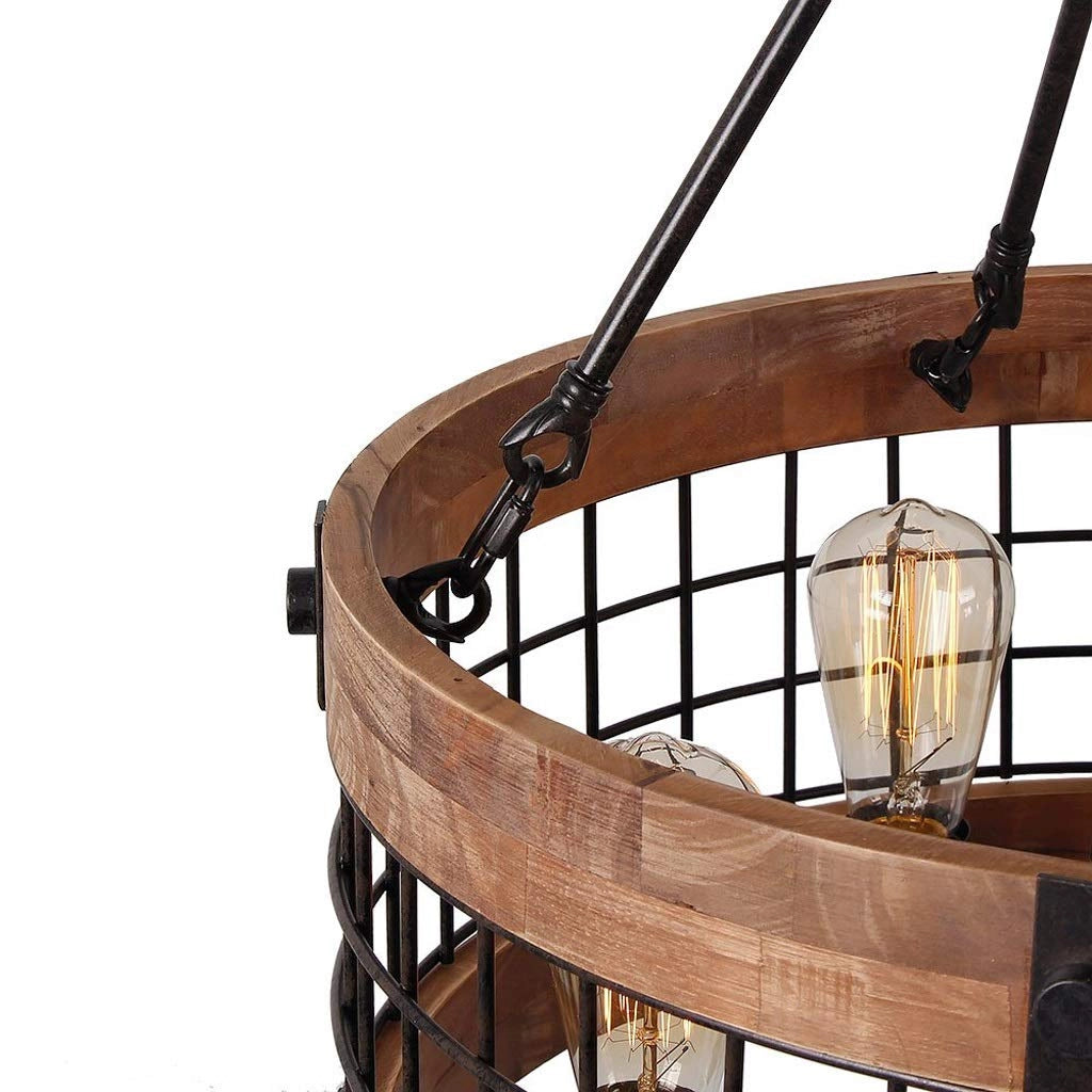 Vintage rustic black wood LED cage chandelier with a farmhouse lighting style, featuring a circular design with a combination of wood and metal materials.