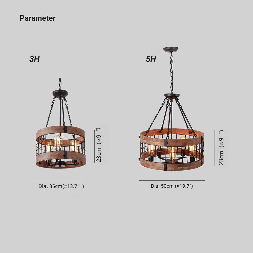Vintage rustic black wood LED cage chandelier hanging from a ceiling, featuring a farmhouse style design with an elegant geometric cage structure.