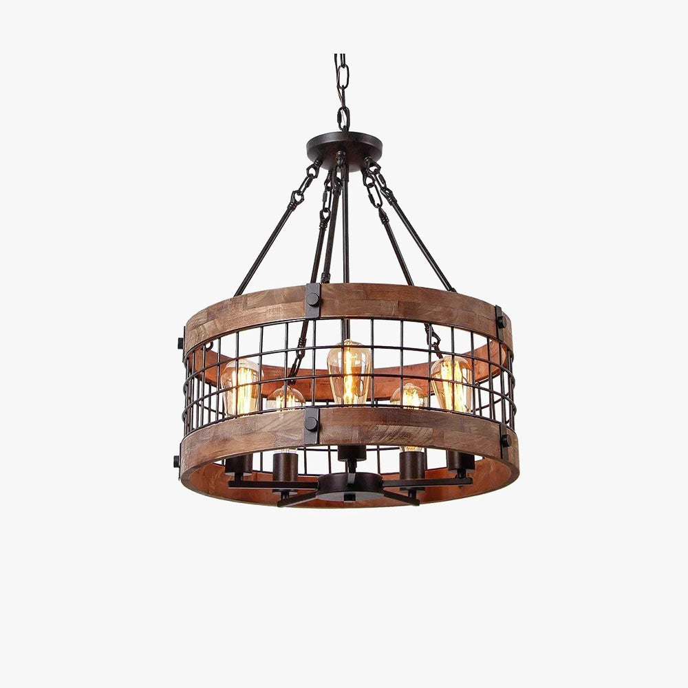 Vintage rustic black wood LED cage chandelier with a farmhouse design, featuring metal and wood elements suitable for ceiling installation as a light fixture.