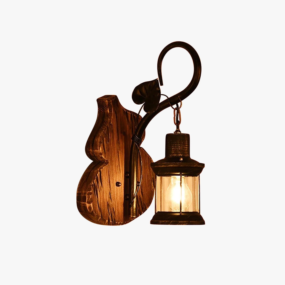 Vintage rustic wall lantern featuring an antique metal and wood sconce design, showcasing a brown light fixture with visible wood and metal elements, complemented by a decorative light bulb.