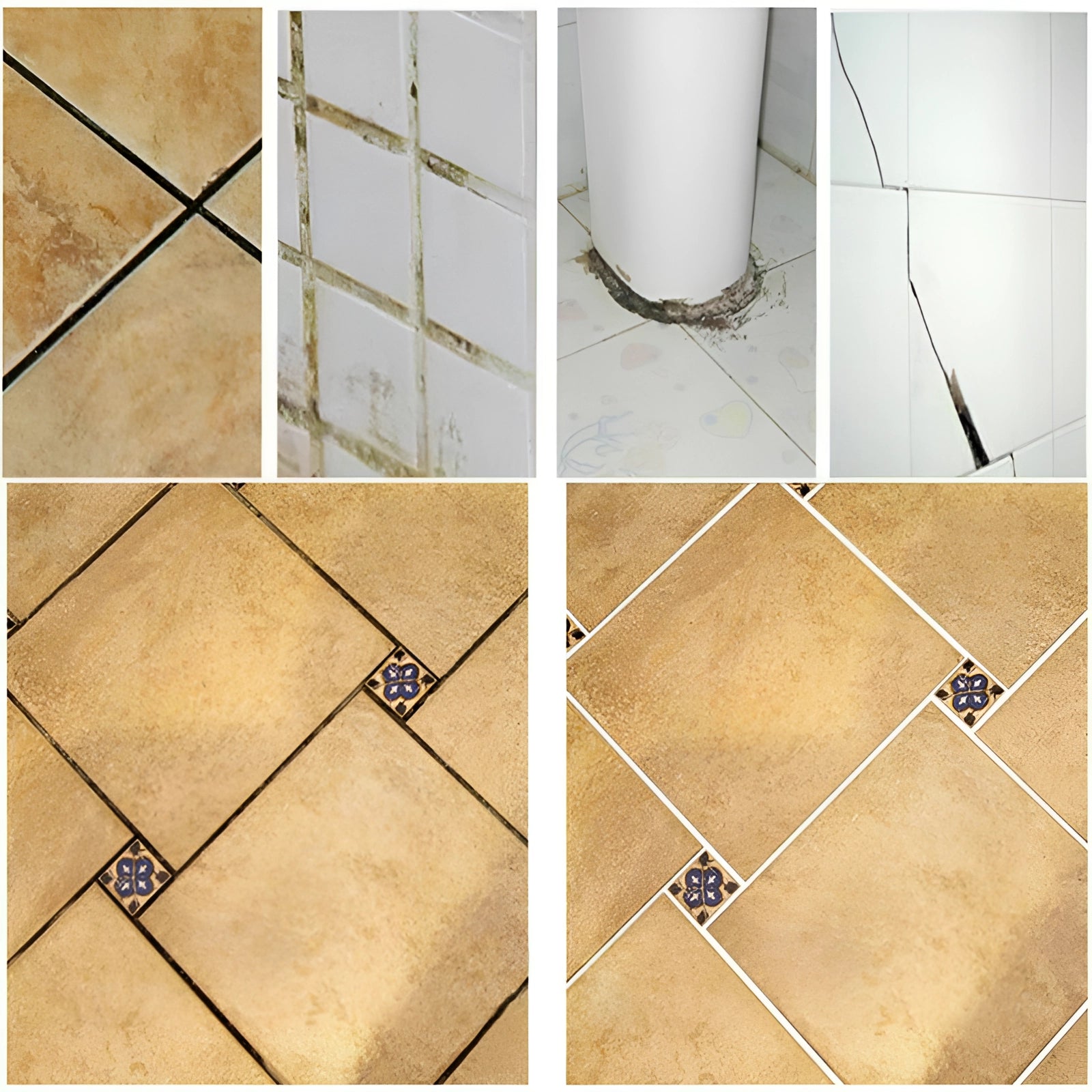 White rectangular waterproof mold-resistant kitchen sealant applied between wood and tile flooring, filling the countertop gap.