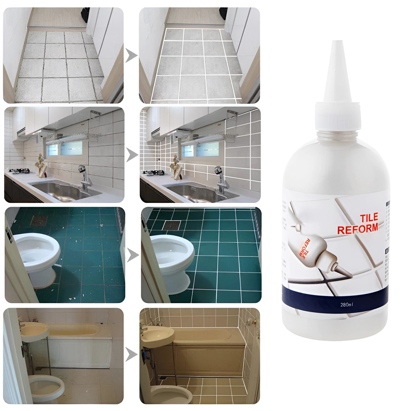 Waterproof mold-resistant kitchen sealant in a plastic bottle designed for filling countertop gaps, set against a brightly lit background.