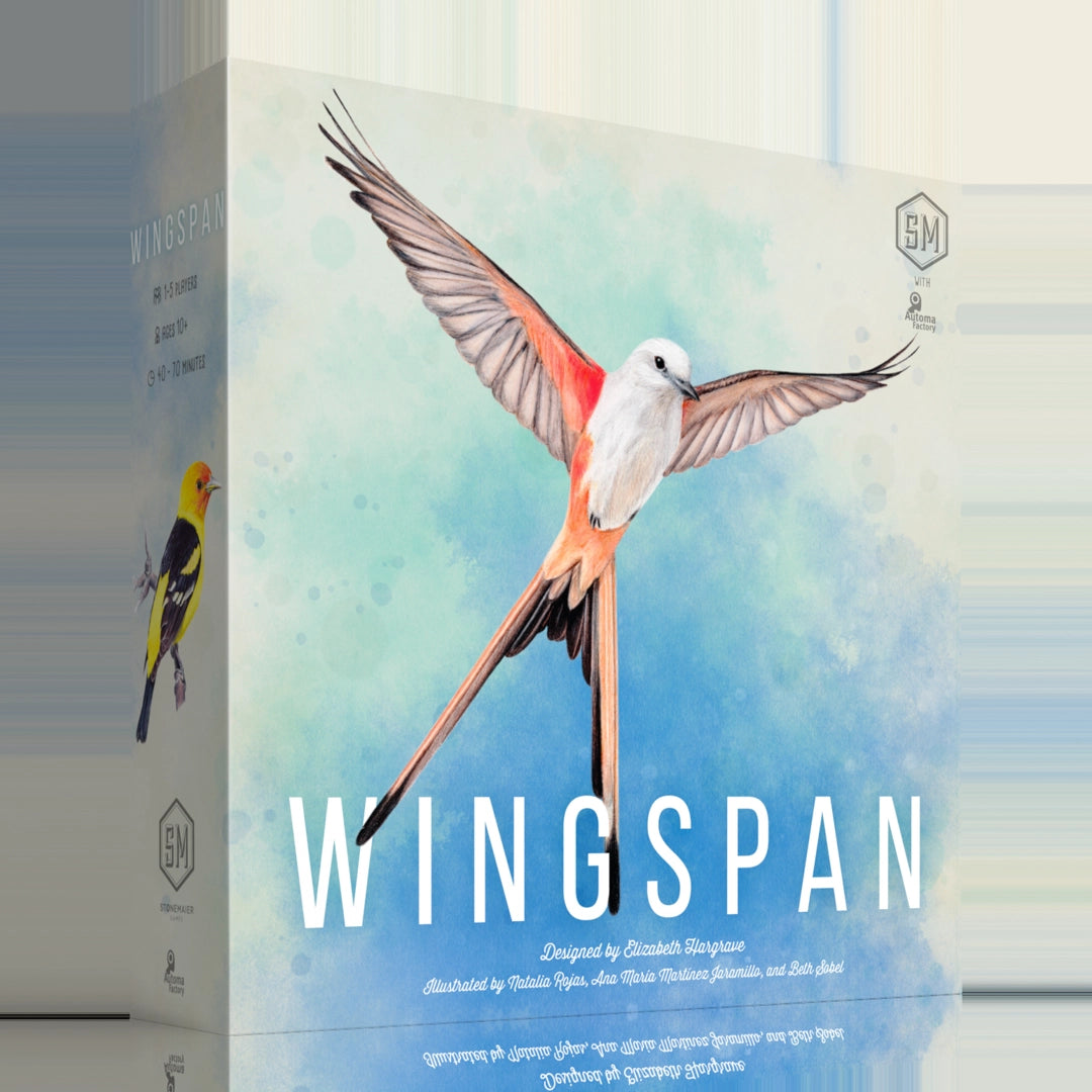 Bird-themed strategy board game with illustrated bird card featuring detailed artwork of a seabird with prominent beak, wings, tail, and feathers, designed by Elizabeth Hargrave.