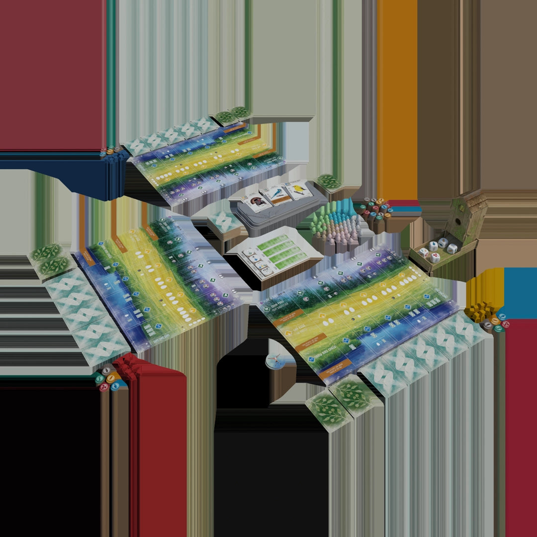 A bird-themed strategy board game box titled "Wingspan" by Elizabeth Hargrave, displayed on a shelf amidst books and art pieces.