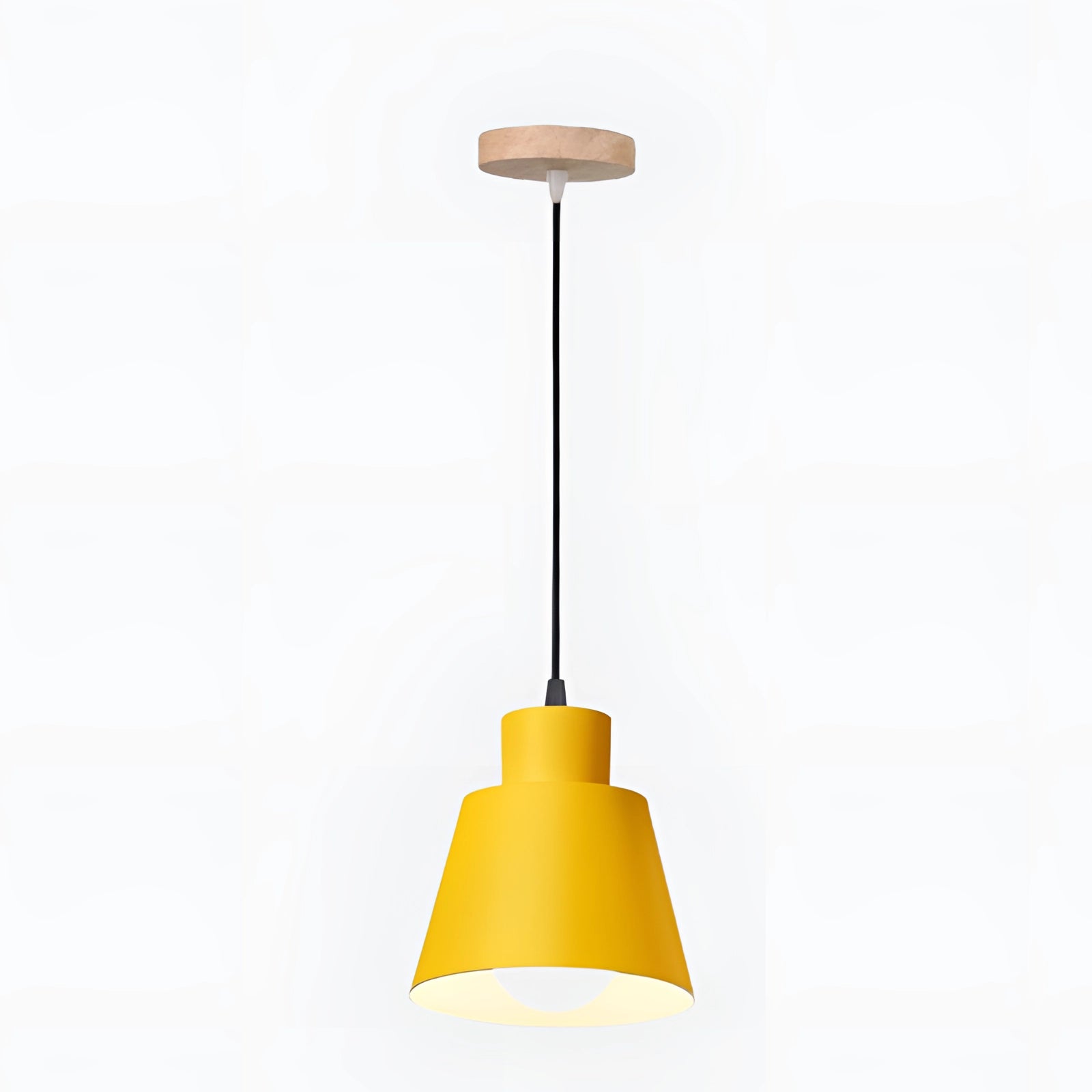 Modern Scandinavian yellow pendant light bedside lamp with a wooden accent, displayed in a 2-piece set.