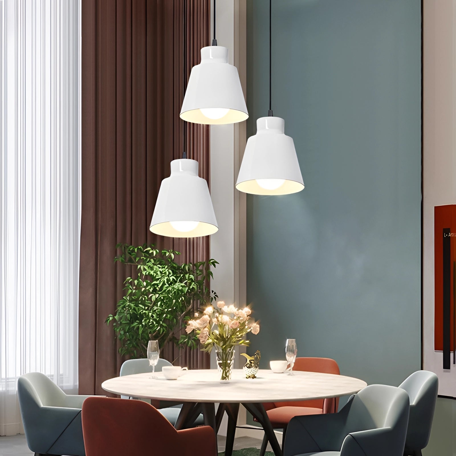 Modern Scandinavian bedside lamp with a yellow pendant light hanging over a small table, featuring minimalistic design and cozy interior decor.
