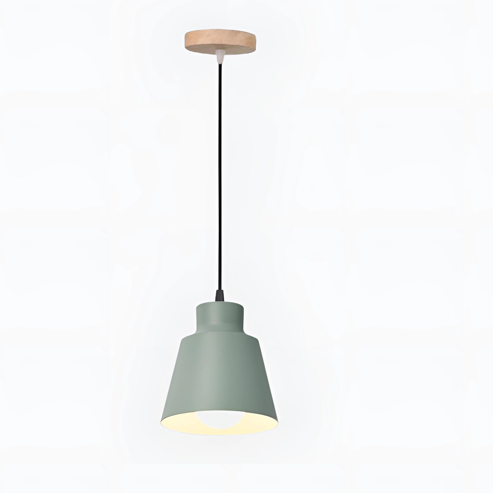 Modern Scandinavian yellow pendant light with green accents, 2 piece set, featuring wooden elements and circular ceiling fixtures, ideal for bedside tables.