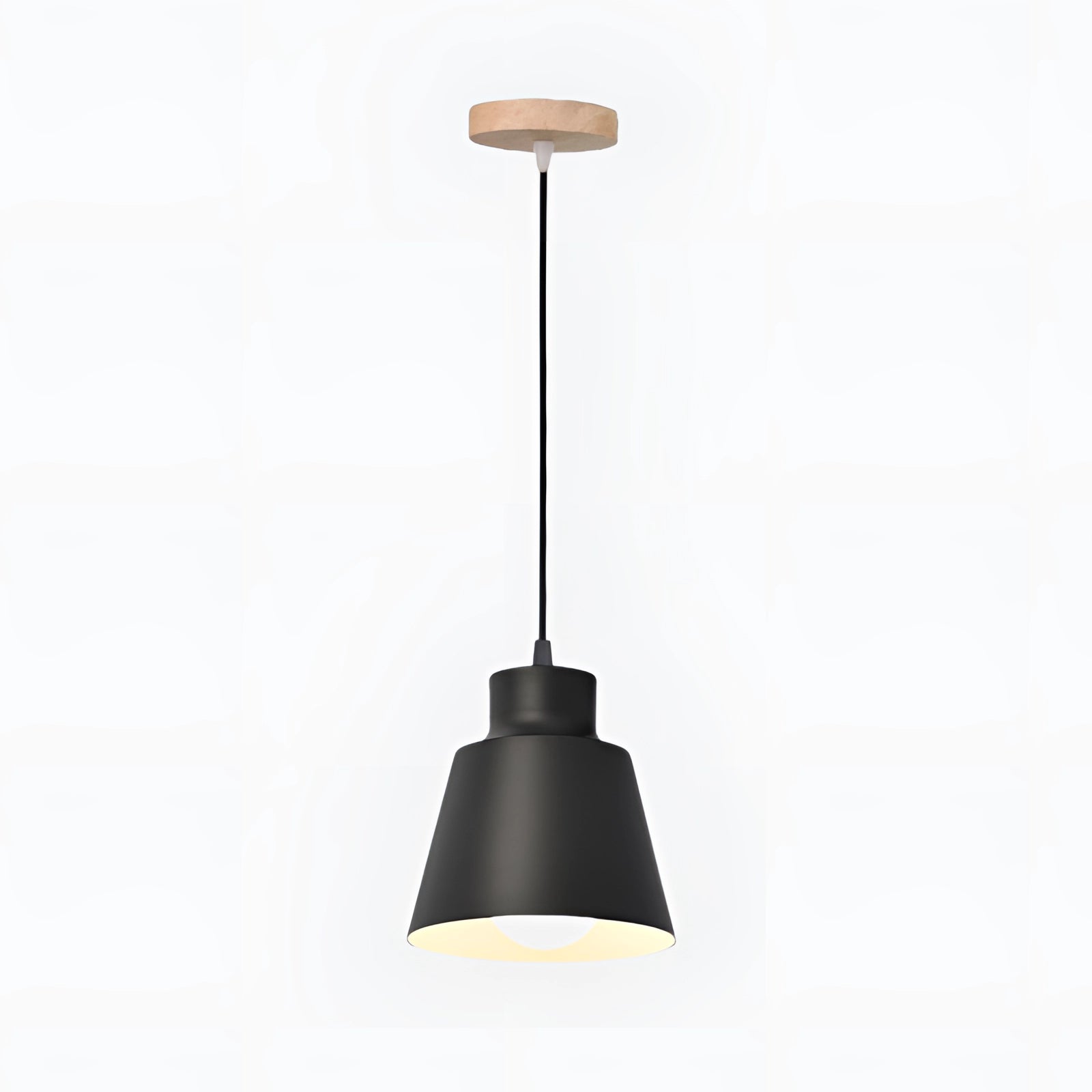 Modern Scandinavian Yellow Pendant Light, Black Variant, 2 Piece Set, hanging from ceiling with wood and metal elements.
