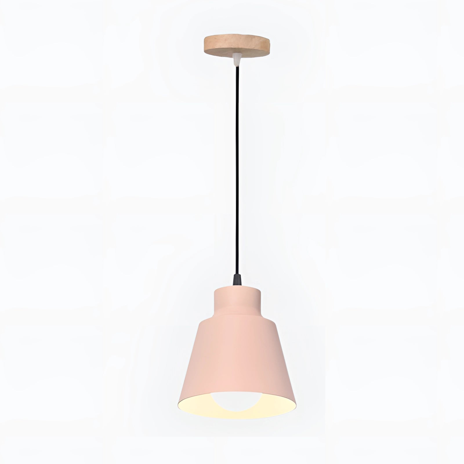 Modern Scandinavian bedside lamp set featuring two pink pendant lights with wooden accents and circular lampshades.