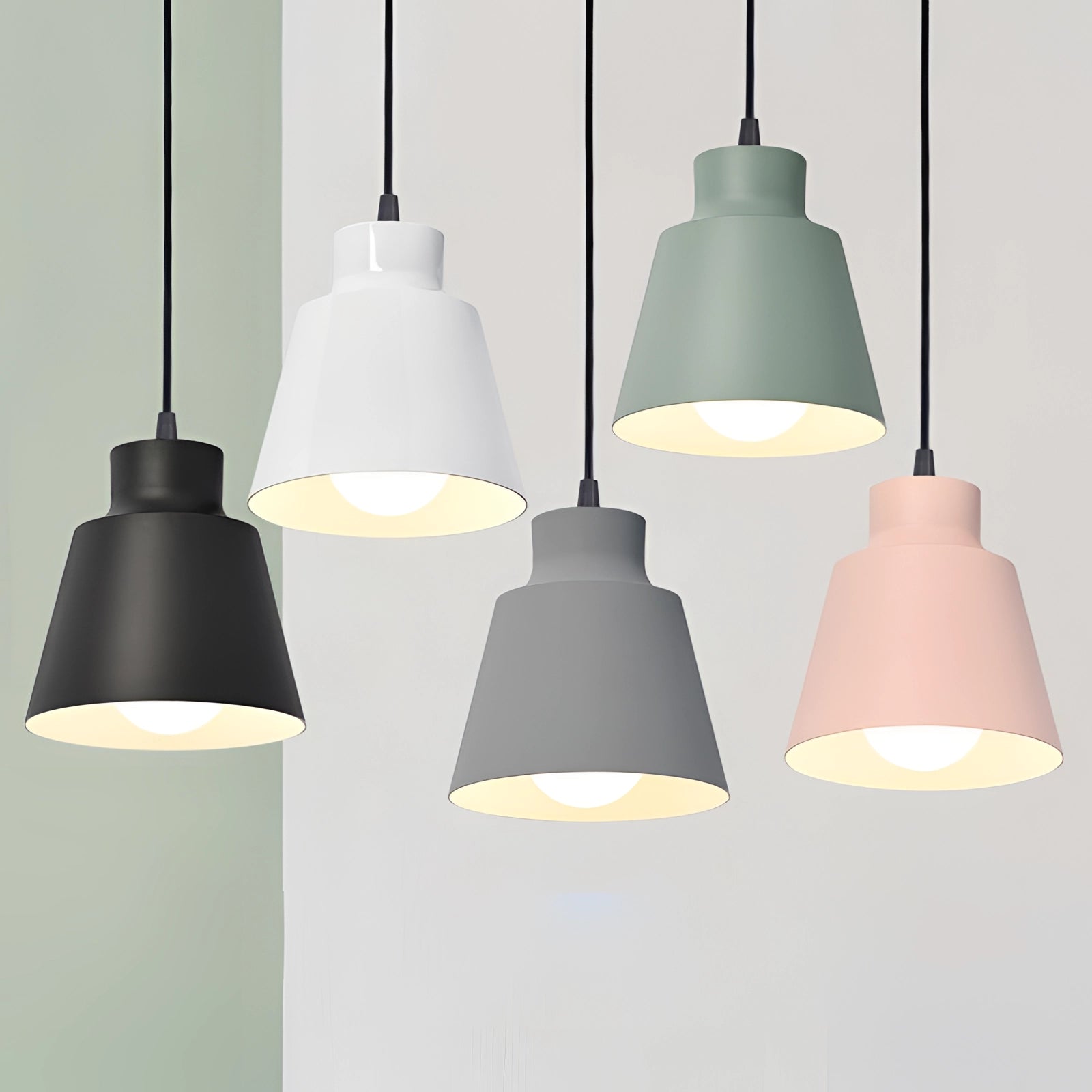 Modern Scandinavian yellow pendant light with wooden accents and metal shade, suitable for bedside use.