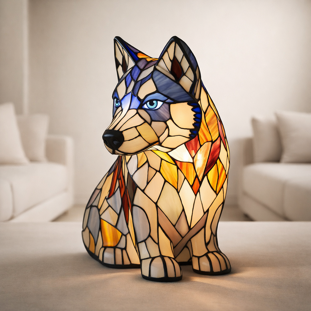 Artistic Husky Table Lamp with Stained Glass Design