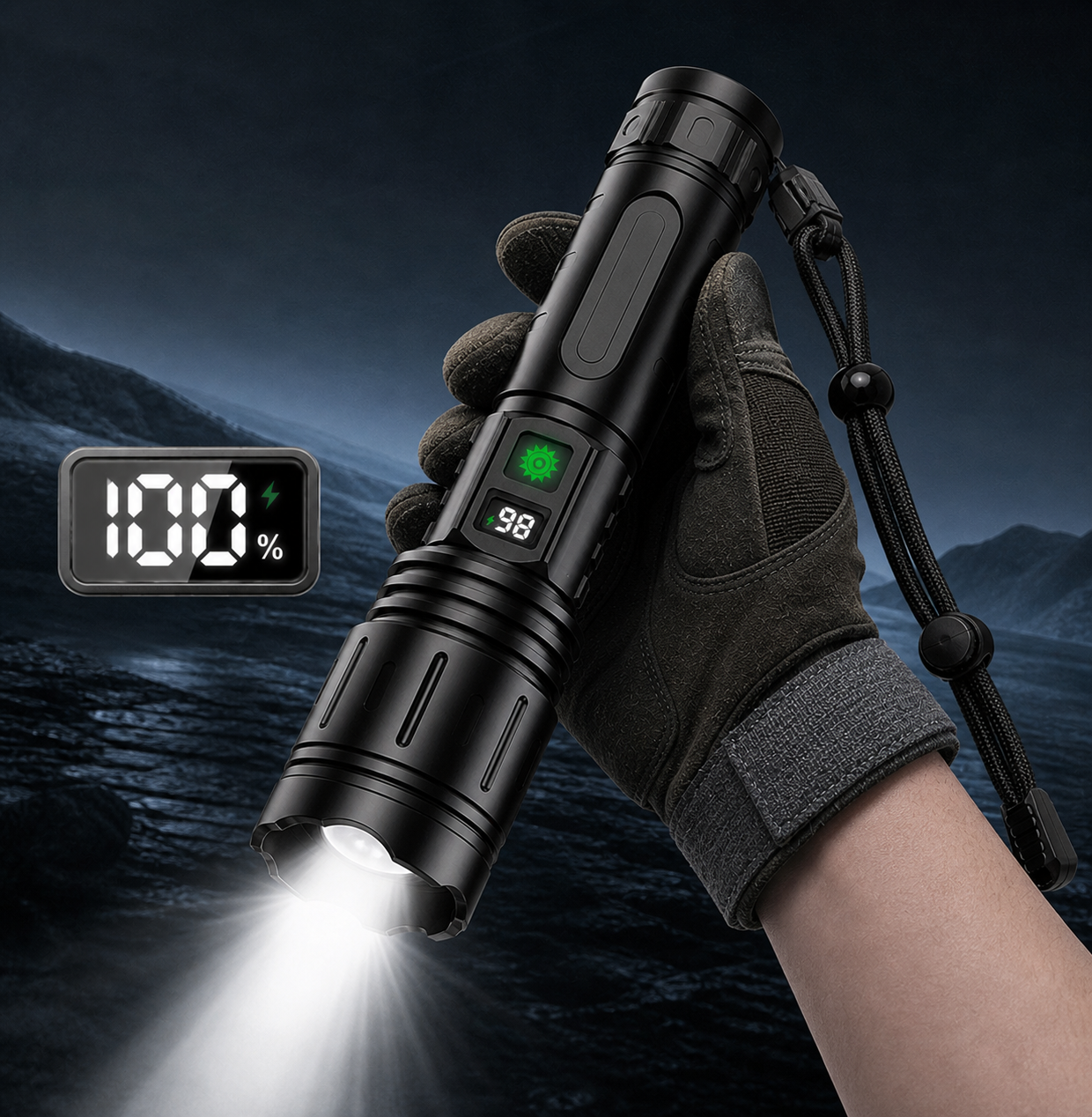 Rechargeable LED Flashlight with 100,000 Lumens – 5 Lighting Modes for Outdoor Use