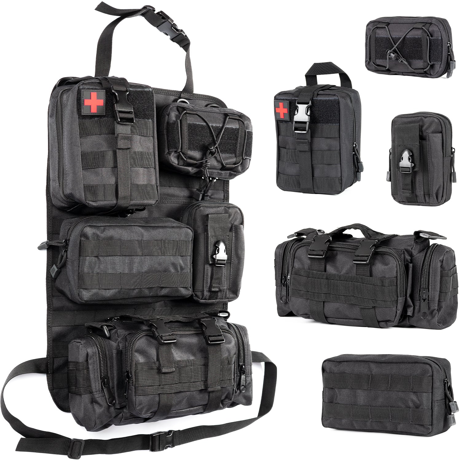 Car Seat Back Organizer with 5 Removable MOLLE Pouches - Universal Fit, Black
