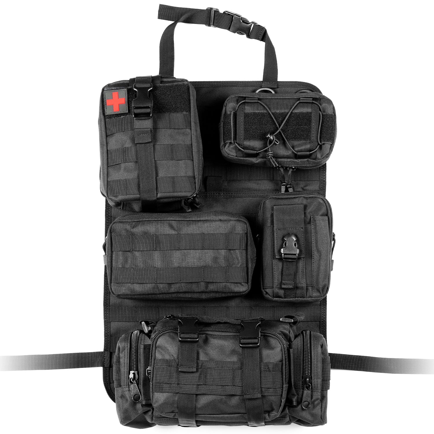 Car Seat Back Organizer with 5 Removable MOLLE Pouches - Universal Fit, Black