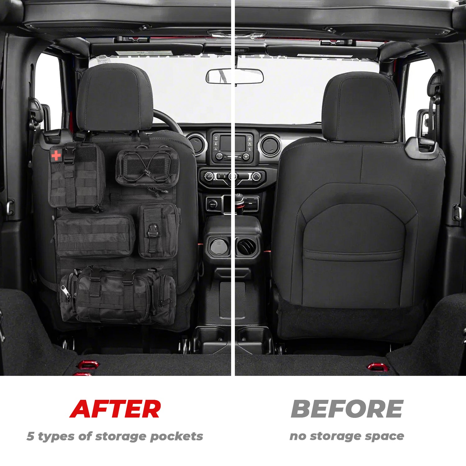 Car Seat Back Organizer with 5 Removable MOLLE Pouches - Universal Fit, Black