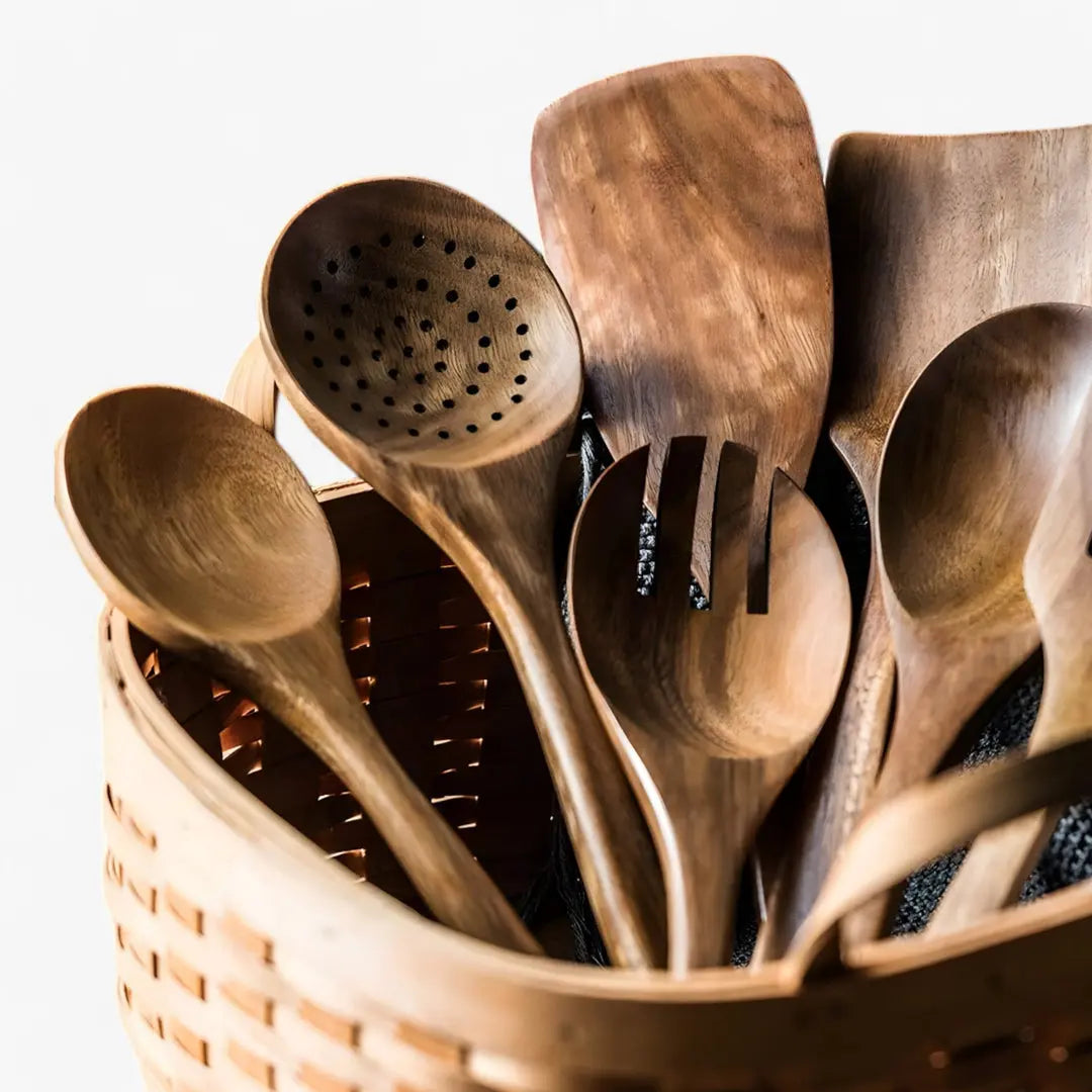 Natural Teak Kitchen Utensil Collection – 9-Piece Set with Holder & Rest