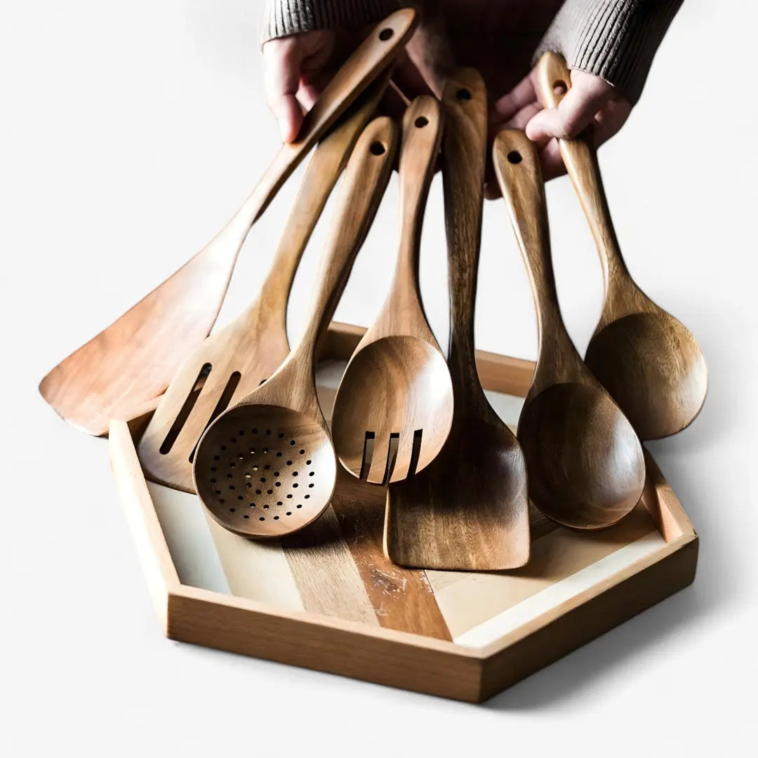 Natural Teak Kitchen Utensil Collection – 9-Piece Set with Holder & Rest