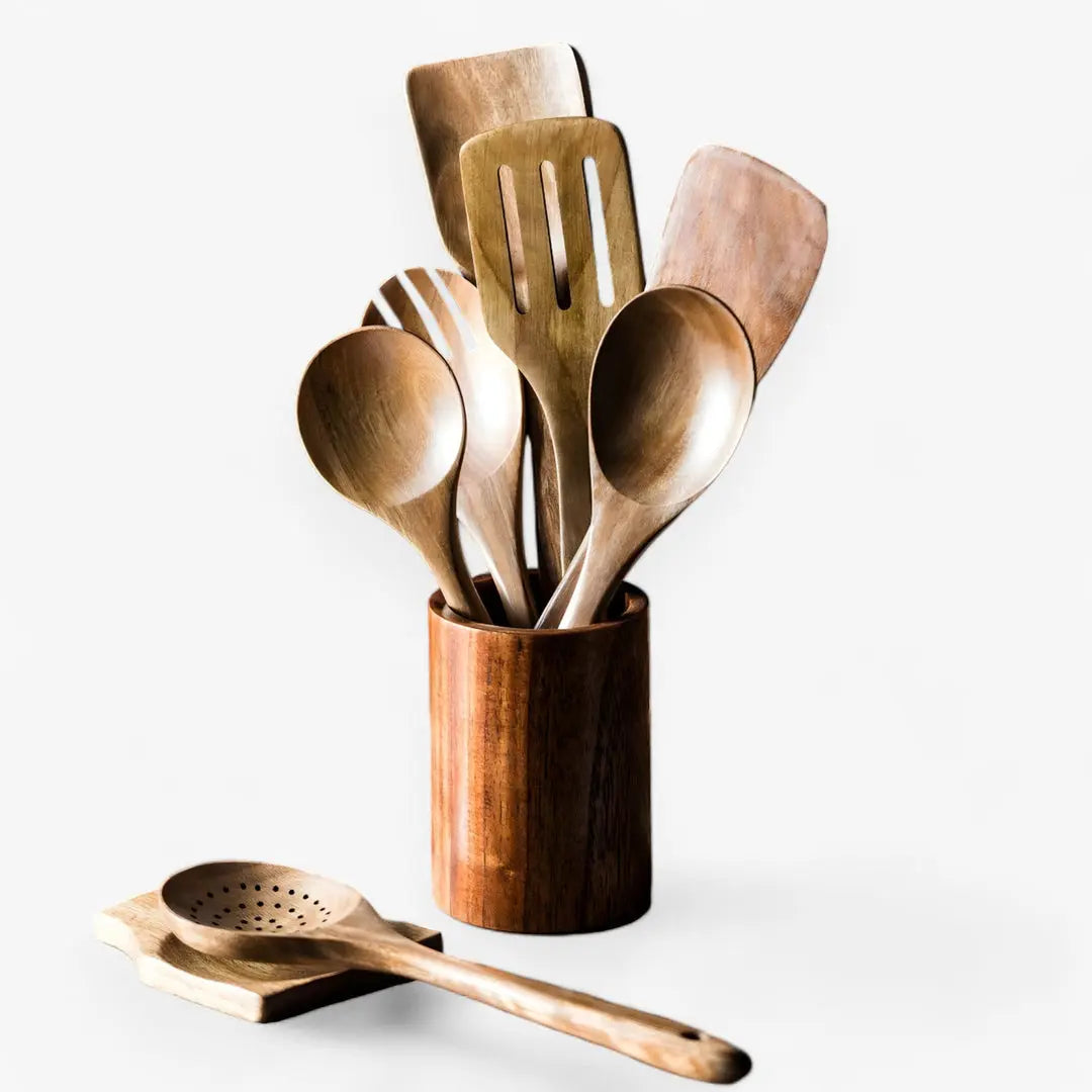 Natural Teak Kitchen Utensil Collection – 9-Piece Set with Holder & Rest
