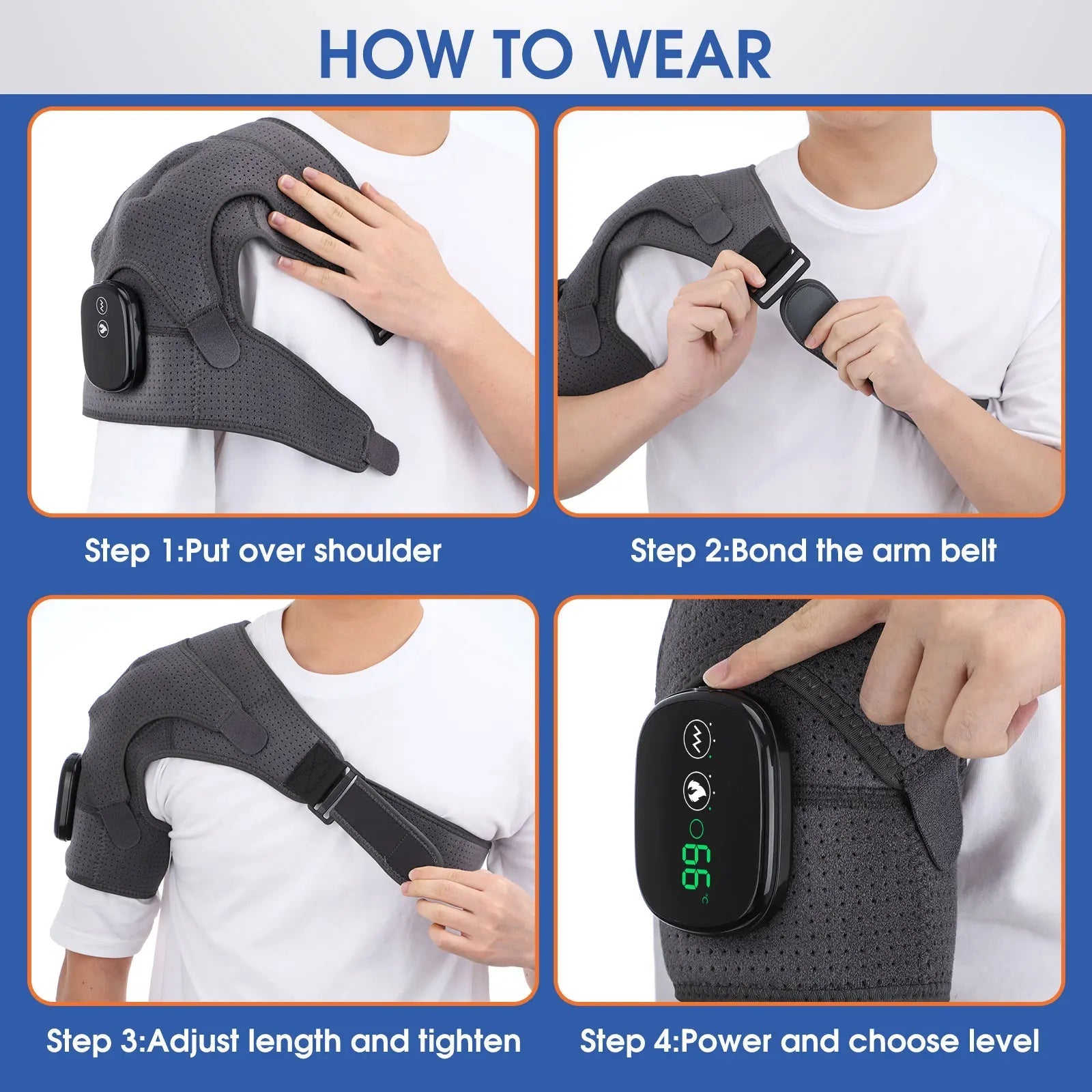 Rechargeable Cordless Shoulder Therapy Belt with Heat & Vibration – 3 Settings 40–75°C, LED Screen